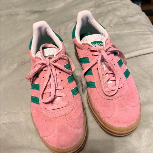 adidas Pink Suede Platform Sneakers with Green Stripes - Picture 2 of 3